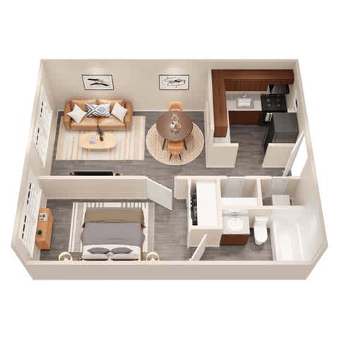 A top down view of a living room, kitchen, and bathroom.