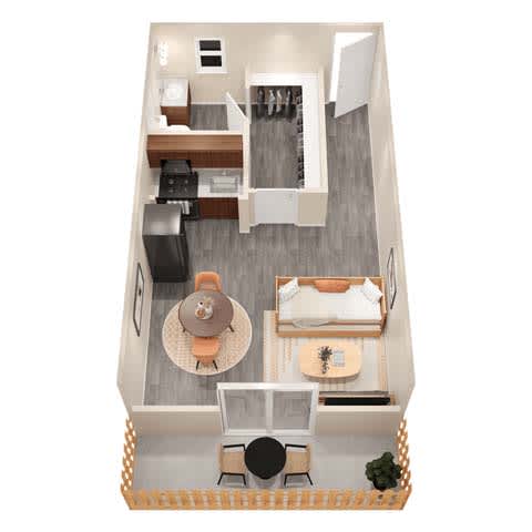 A top down view of a small apartment with a kitchen, living room, and bedroom.