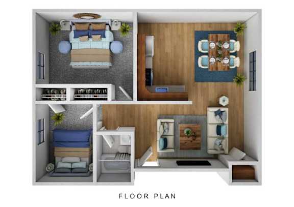 A floor plan of a small apartment with a bedroom, living room, kitchen, and bathroom.