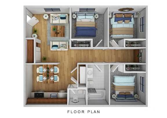 A floor plan of a small apartment with a kitchen, living room, and bedrooms.
