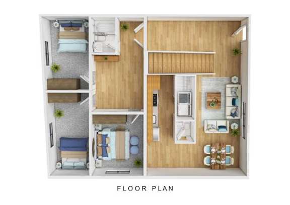 A floor plan of a small apartment with a kitchen, living room, and two bedrooms.