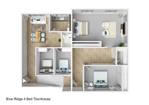 A 3D layout of a Blue Ridge 4 Bed Townhouse.