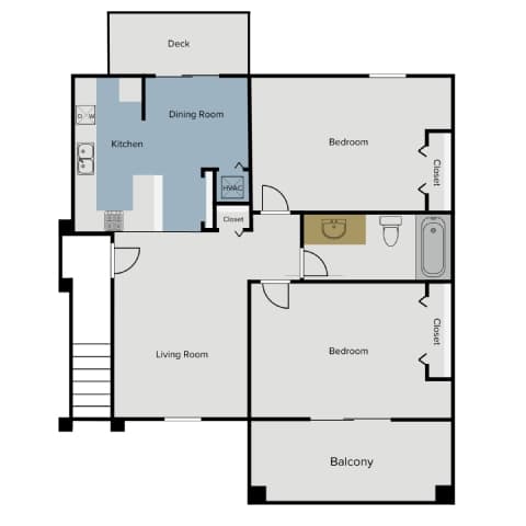 A floor plan of a house with a deck, two bedrooms, a living room, a dining room, a kitchen, a balcony, and a bathroom.