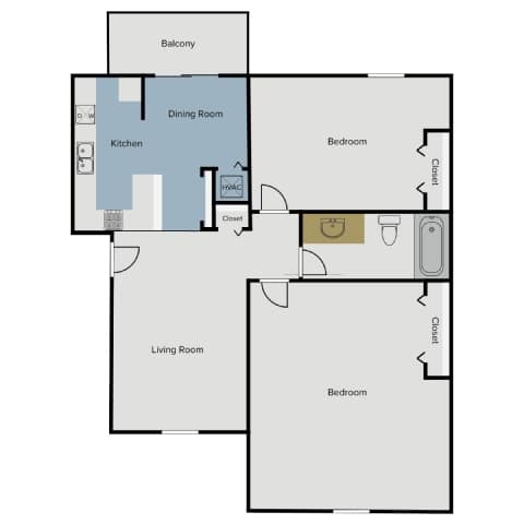 A floor plan of a house with a balcony, two bedrooms, a living room, a dining room, a kitchen, and a laundry area.
