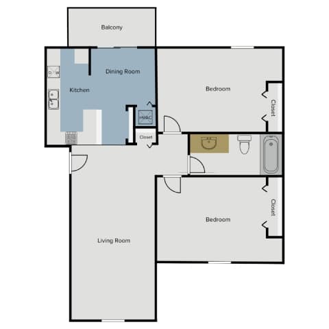 A floor plan of a house with a living room, dining room, kitchen, two bedrooms, a bathroom, and a balcony.