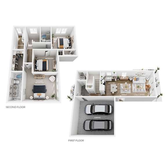 A floor plan of a house with two bedrooms, a garage, and a porch.