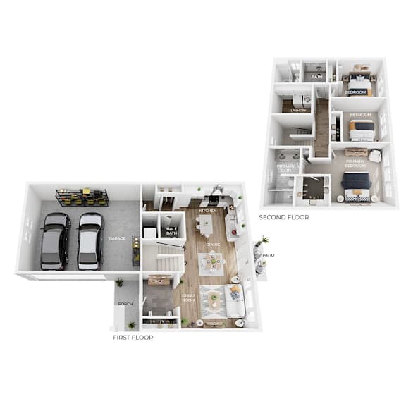 Floor Plan  A floor plan of a house with two bedrooms, a garage, and a patio.