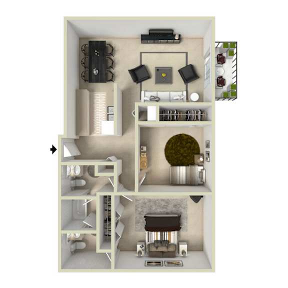 Floor Plan  Trailgrove Apartments two-bedroom, two-bathroom floor plan offering separate bedrooms, two full baths, a central living area, and kitchen design in Denver’s 80231 neighborhood
