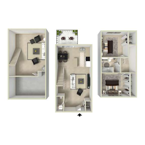 Trailgrove Apartments two-bedroom, two-bath townhome floor plan with multi-level layout, private bedrooms, full bathrooms, and open living space in Southeast Denver