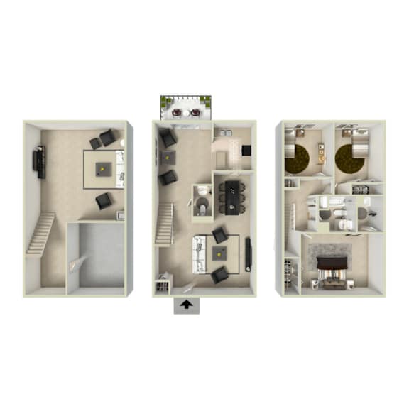 Trailgrove Apartments three-bedroom, two-bath townhome floor plan featuring multi-story layout, large living area, three bedrooms, full kitchen, and two bathrooms in Denver, CO 80231