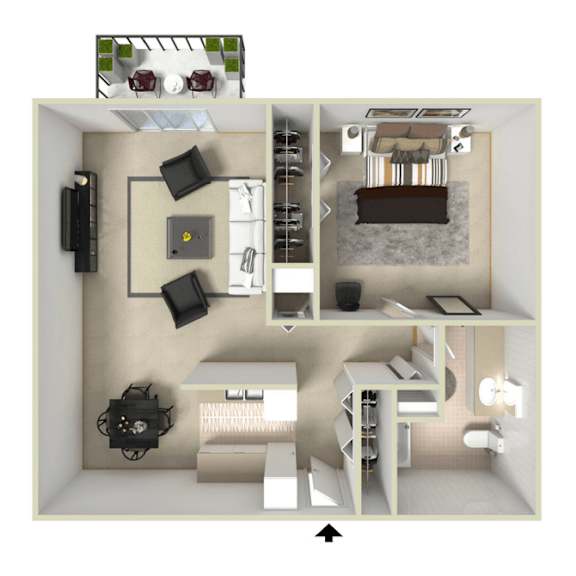 one-bedroom, one-bathroom floor plan at Willowstone Apartments near 7300 East Harvard Ave Denver CO offering 605 square feet with a spacious bedroom, living area, and full kitchen
