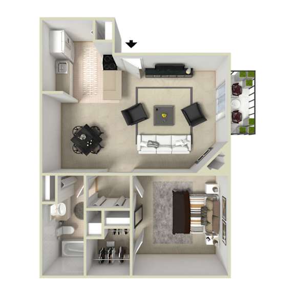 one-bedroom apartment layout at Willowstone Apartments in Southeast Denver offering 731 square feet with an extended living space and private bedroom