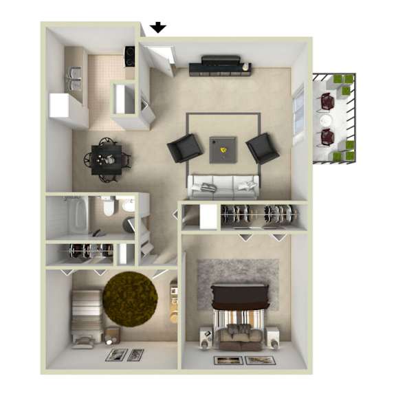 two-bedroom, one-bathroom floor plan at Willowstone Apartments in Denver CO featuring 774 square feet with two private bedrooms, open living area, and full kitchen