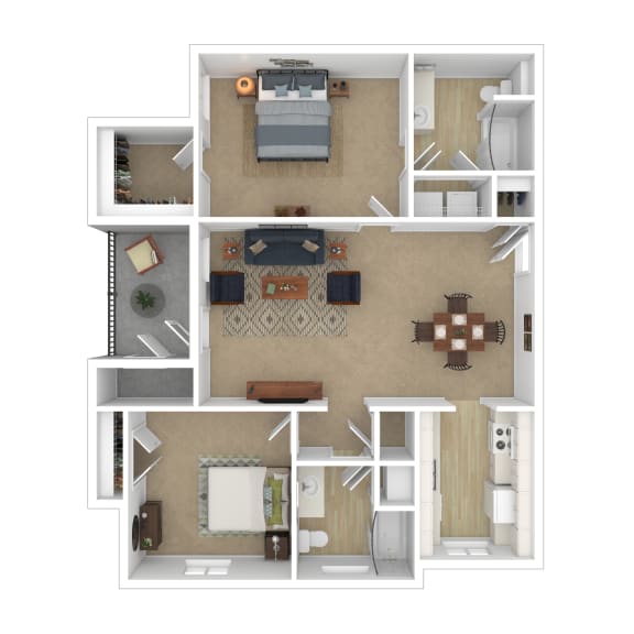 The Parc at Clarksville apartments in Clarksville Tennessee photo of two bedroom floorplan 3D With furniture