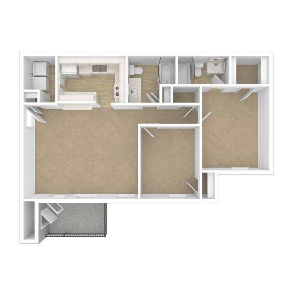 The Parc at Clarksville apartments in Clarksville Tennessee photo of two bedroom floorplan 3D No furniture
