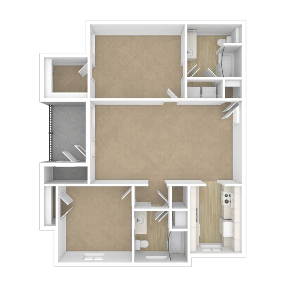 The Parc at Clarksville apartments in Clarksville Tennessee photo of two bedroom floorplan 3D No furniture