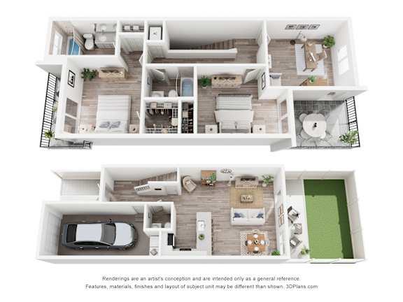 Pearl at Pompano Beach Pompano Beach, Florida floor plan of a two-story house with a living room, kitchen, and bedrooms.
