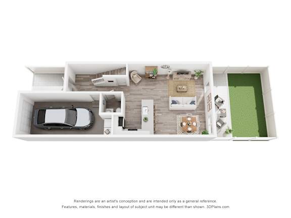 Pearl at Pompano Beach Pompano Beach, Florida floor plan of a two-story house with a living room, kitchen, and bedrooms level 1