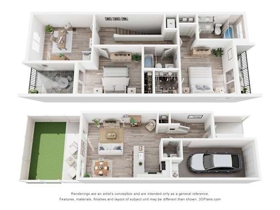 Pearl at Pompano Beach Pompano Beach, Florida floor plan of a two-story house with a living room, kitchen, and bedrooms.