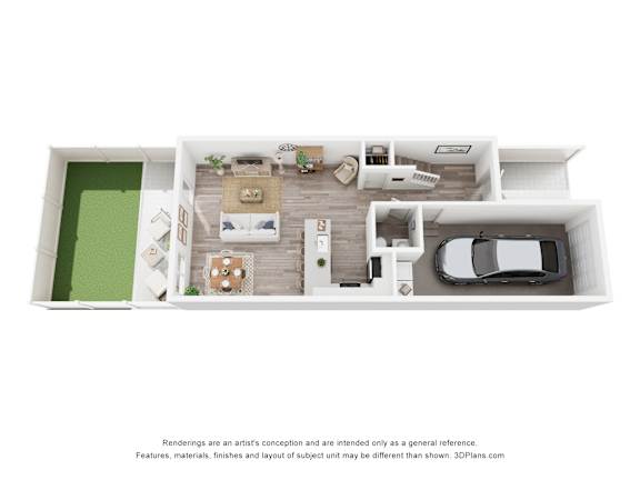 Pearl at Pompano Beach Pompano Beach, Florida floor plan of a two-story house with a living room, kitchen, and bedrooms level 1