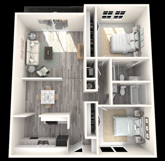 2 Bed, 2 Bath, 1058 sq. ft. Pine floor plan