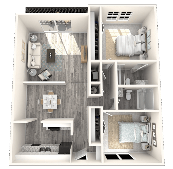 A 3D floor plan of a small apartment with a bedroom, living room, and bathroom.