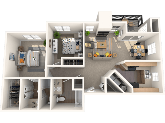a rendering of a floor plan with bedrooms and a living room