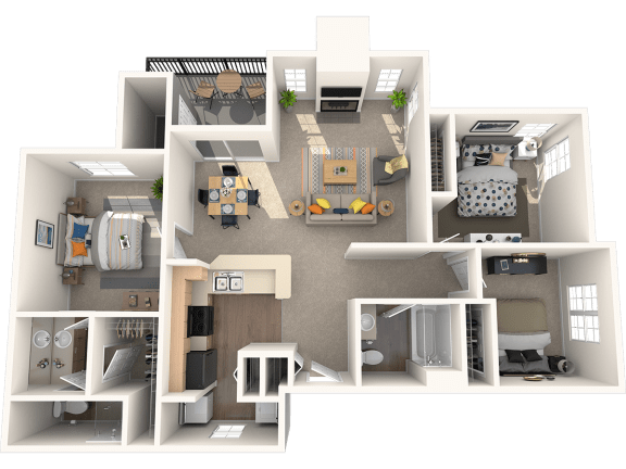 a 3d rendering of a floor plan with bedrooms and a living room