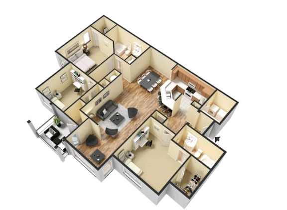 A 3D floor plan of a house with multiple rooms and furniture.