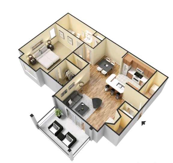 A 3D floor plan of a house with a kitchen, living room, dining room, and bedrooms.
