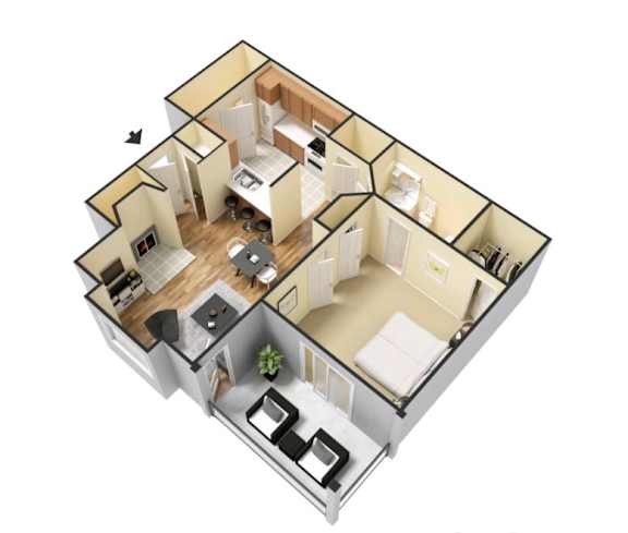 A 3D floor plan of a small apartment with a kitchen, living room, and bathroom.