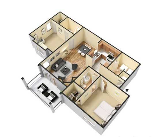 A 3D floor plan of a house with a kitchen, living room, and two bedrooms.