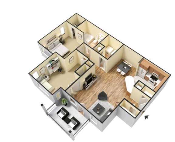 A 3D floor plan of a house with a kitchen, living room, and bedrooms.