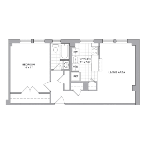 A floor plan of a room with a bedroom, kitchen, and living area.