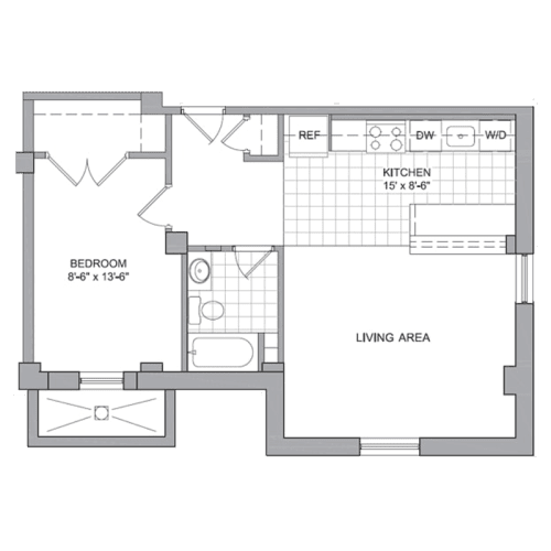 A floor plan of a house with a kitchen, bedroom, and living area.