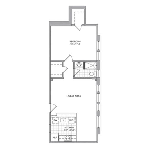 A floor plan of a room with a bedroom, living area, and kitchen.