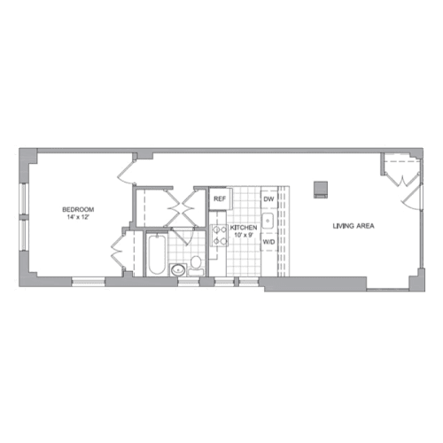 A floor plan of a small apartment with a bedroom, a kitchen, and a living area.