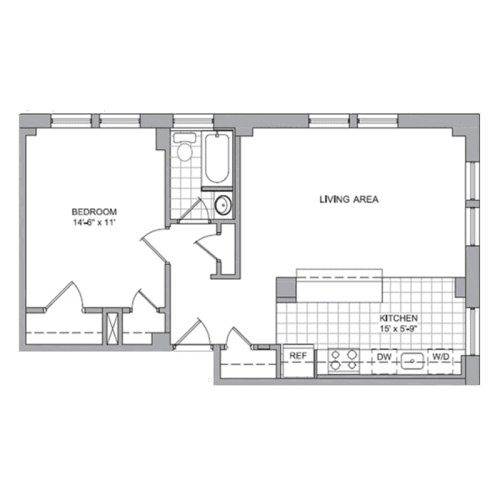 A floor plan of a room with a bedroom, living area, and kitchen.