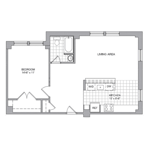 A floor plan of a room with a bedroom, living area, and kitchen.