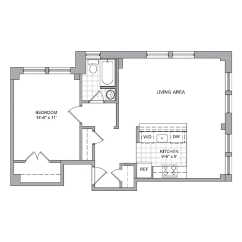 A floor plan of a house with a bedroom, living area, and kitchen.