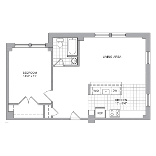 A floor plan of a living area with a bedroom and kitchen.