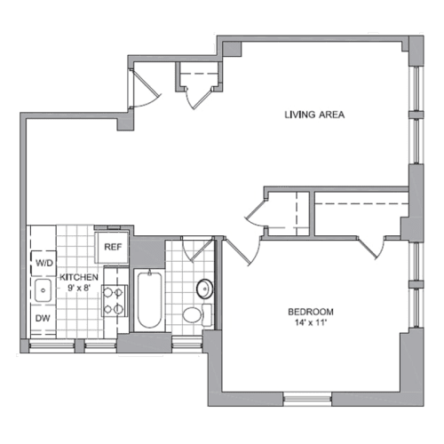 A floor plan of a small apartment with a living area, kitchen, and bedroom.