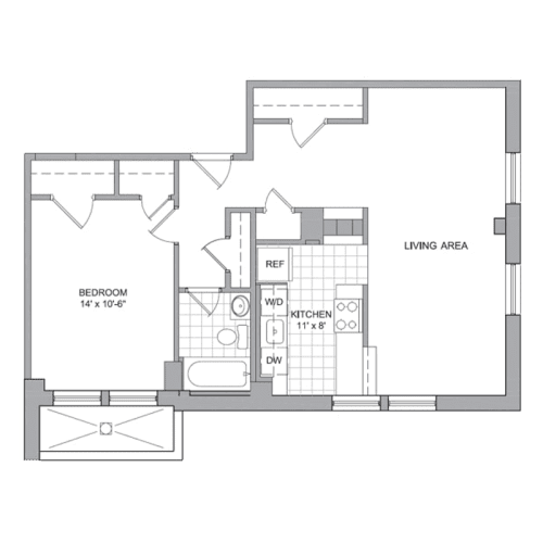 A floor plan of a living space showing a bedroom, kitchen, and living area.