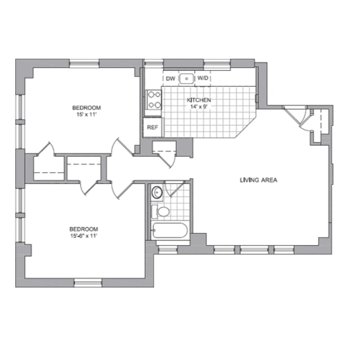 A floor plan of a house with two bedrooms, a kitchen, and a living area.