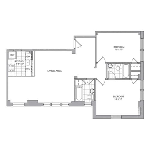 A floor plan of a house with two bedrooms, a living area, and a kitchen.