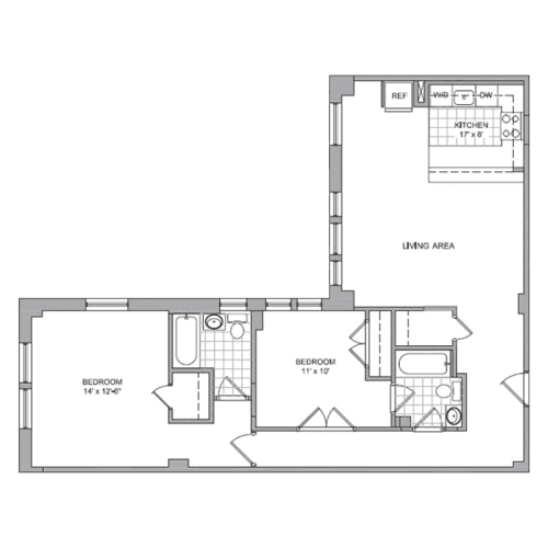 A floor plan of a house with two bedrooms and a living area.