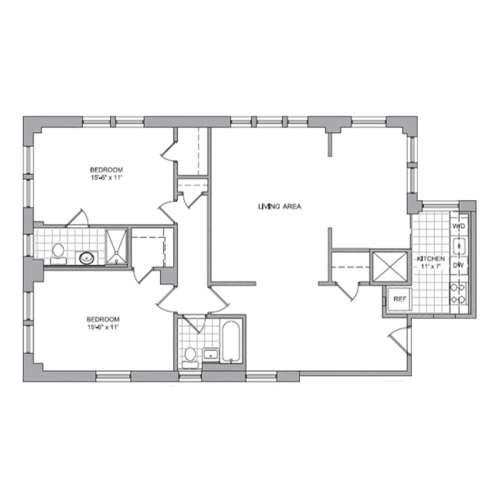 A floor plan of a house with two bedrooms, a living area, a kitchen, and a bathroom.
