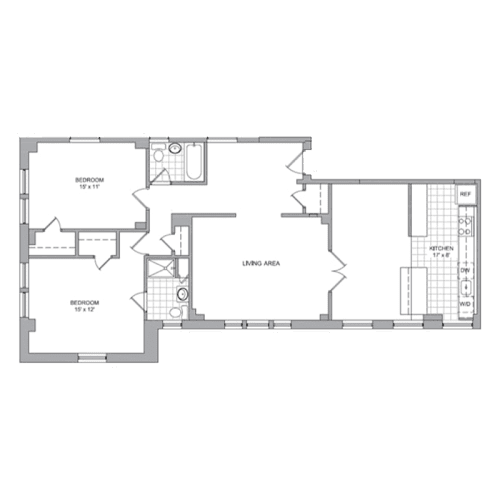 A floor plan of a house with two bedrooms and a living area.