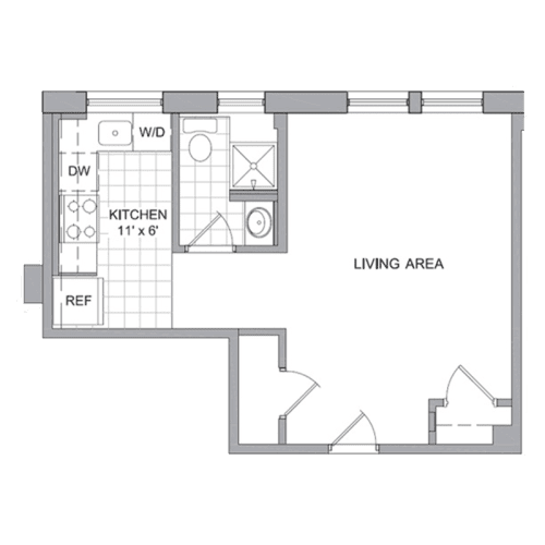 A floor plan of a small apartment with a kitchen and living area.