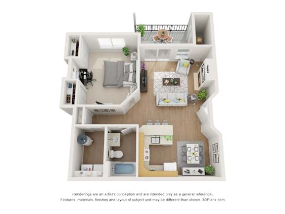 A 3D floor plan of a house with a kitchen, living room, and two bedrooms.